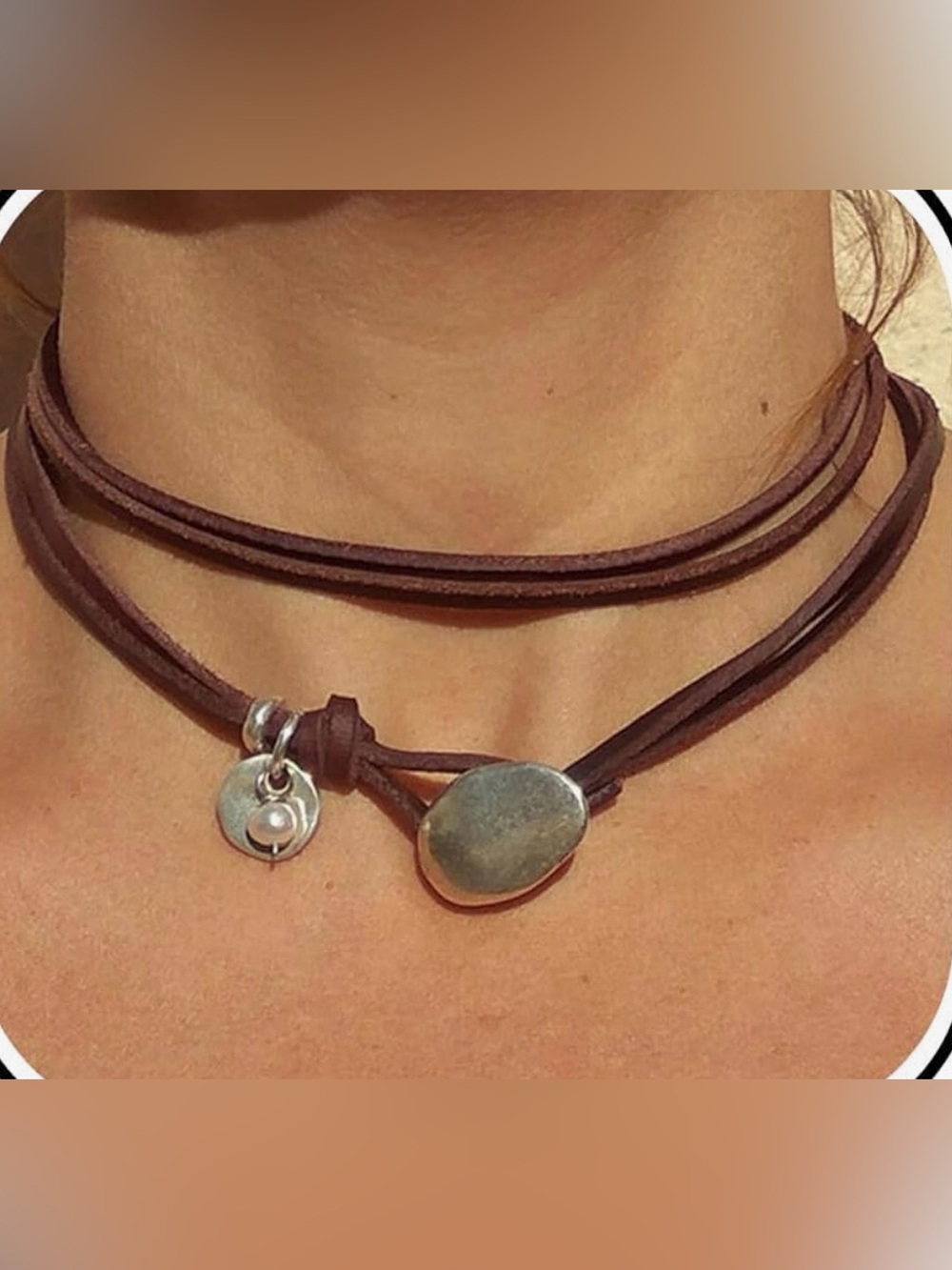Brown Leather Western Cowboy Choker Necklace with Silver Accent